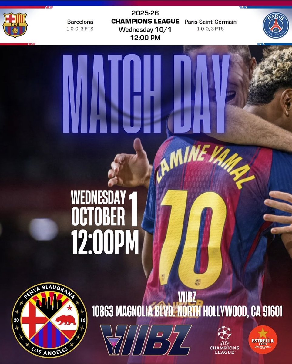 CLASH OF TITANS🔥⚽️
Champions League nights are back at Montjuïc and the defending champs PSG are walking straight into the 🔵🔴 lion’s den.

We’re hungry, we’re loud, and we’ve got revenge written all over this one. 
📝⚡️
12PM kickoff, 11AM doors @viibzla 🍻 

Visca Barça! 💙❤️