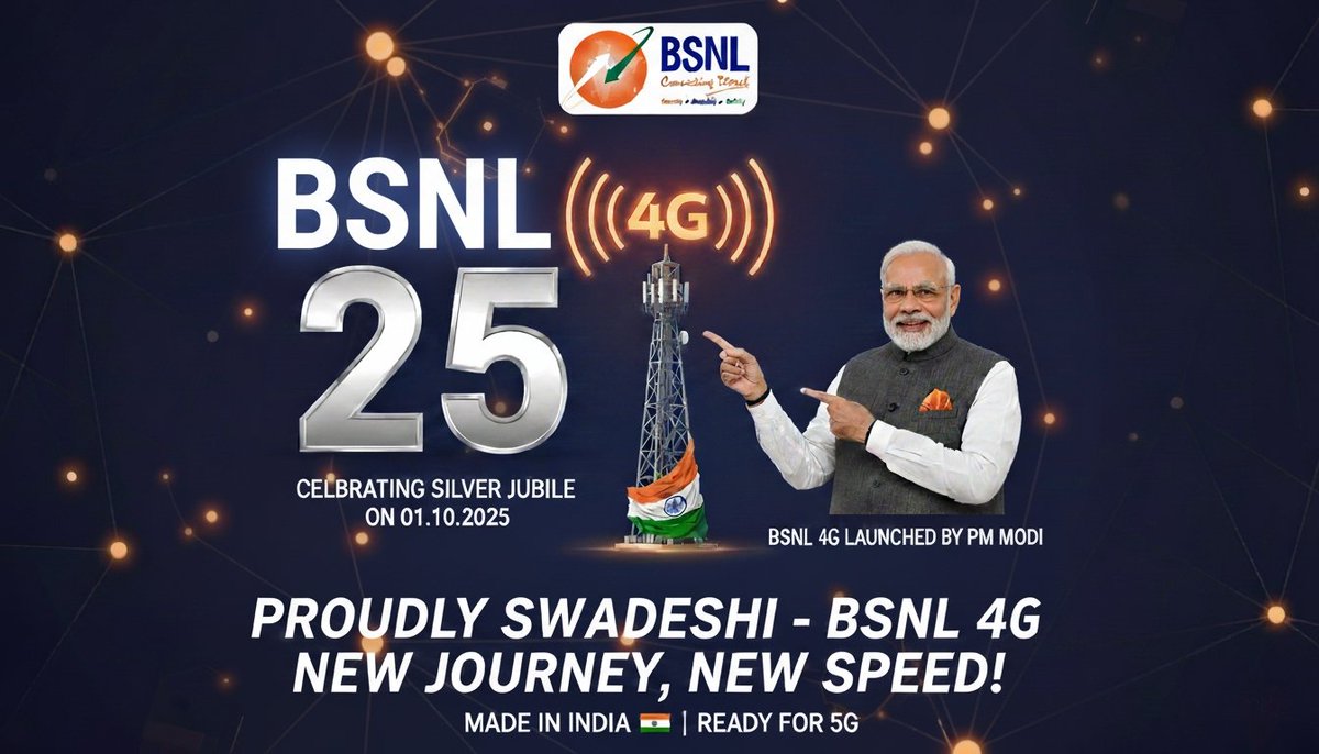 01.10.2025 – A historic day!
BSNL celebrating 25 glorious years of service to the nation 🇮🇳
Hon’ble PM Shri Narendra Modi Ji launched India’s very own BSNL 4G – Desh ka apna network!
#BSNLSilverJubilee #BSNL4G #IndiaKaApnaNetwork 🚀📶
<a href="/BSNLCorporate/">BSNL India</a> <a href="/BSNL_PB/">BSNL_Punjab</a> <a href="/aigetoachq/">AIGETOA , Recognised Association of BSNL</a>