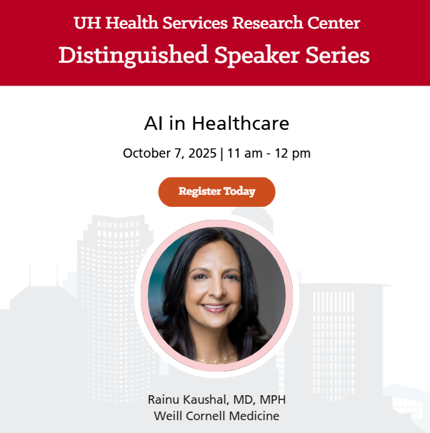 Rainu Kaushal, MD, MPH joins us next week to present “AI in Healthcare.” Dr. Kaushal is internationally recognized for her work in health IT and value-based care, and leads INSIGHT, the nation’s largest urban clinical research network funded by <a href="/PCORI/">The Patient-Centered Outcomes Research Institute</a>. tinyurl.com/wxz6ftr7