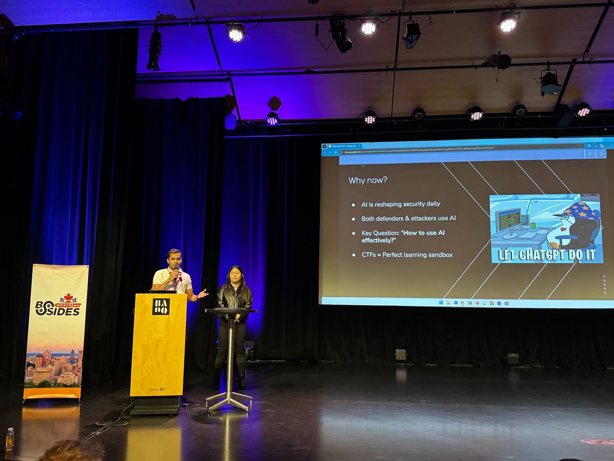 ShopifyEng's tweet image. Using AI in CTFs? Don't fall down the rabbit hole. 🐇🕳️
Validate outputs to dodge hallucinations, craft precise prompts for wins, explore alt paths to build skills, & treat AI as a co-pilot.
Our Infra Security team @plgarg2014 & @IceCodeBear share insights @BSidesMontreal:
