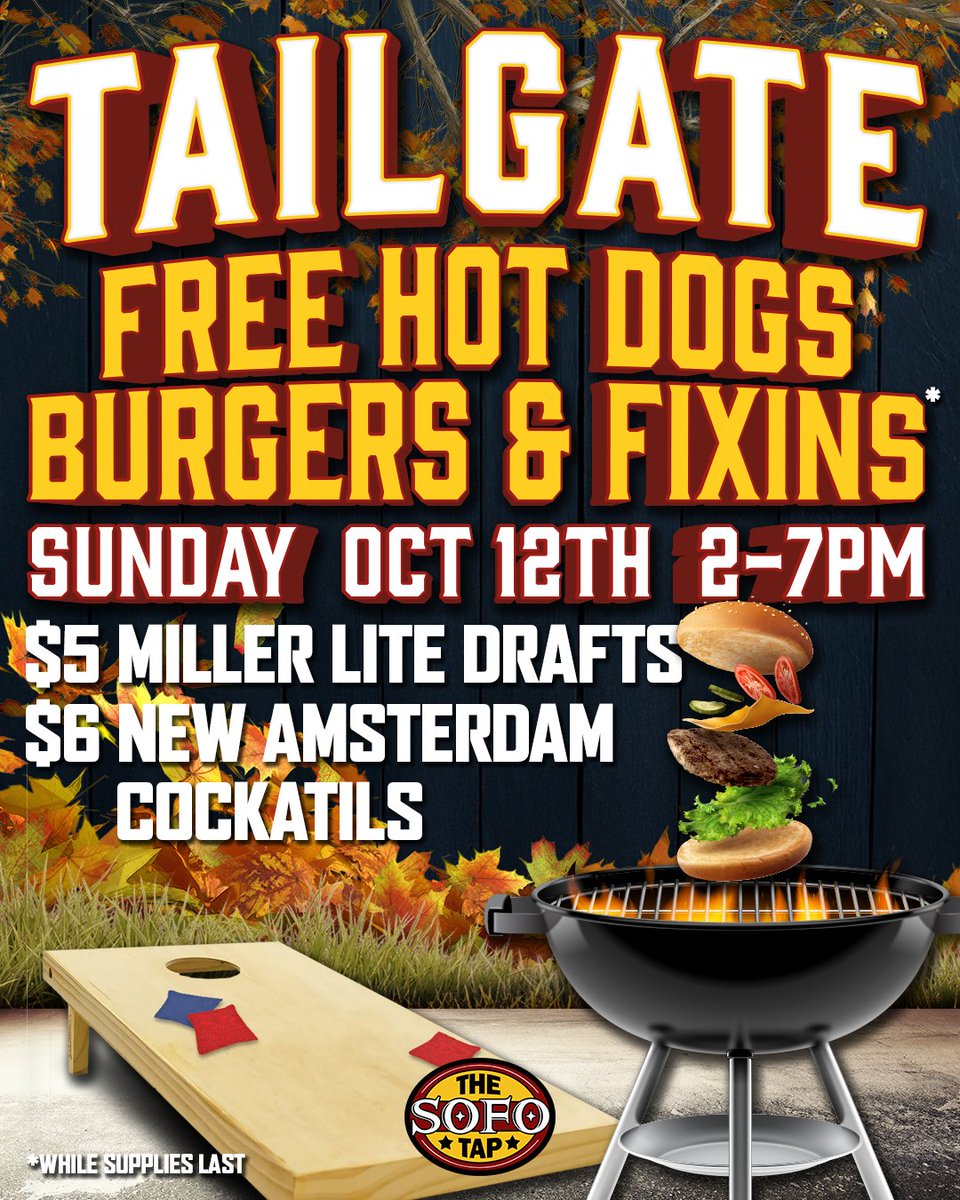 📣 SUNDAY DARTY ALERT 📣
TAILGATE hits SoFo Tap on Oct 12 | 2PM 🍻
🔥 FREE hotdogs &amp; burgers @ 2:30PM
🎓 College nostalgia. Cold drinks. Big energy.

Pregame before KOK later this week—don’t miss it.