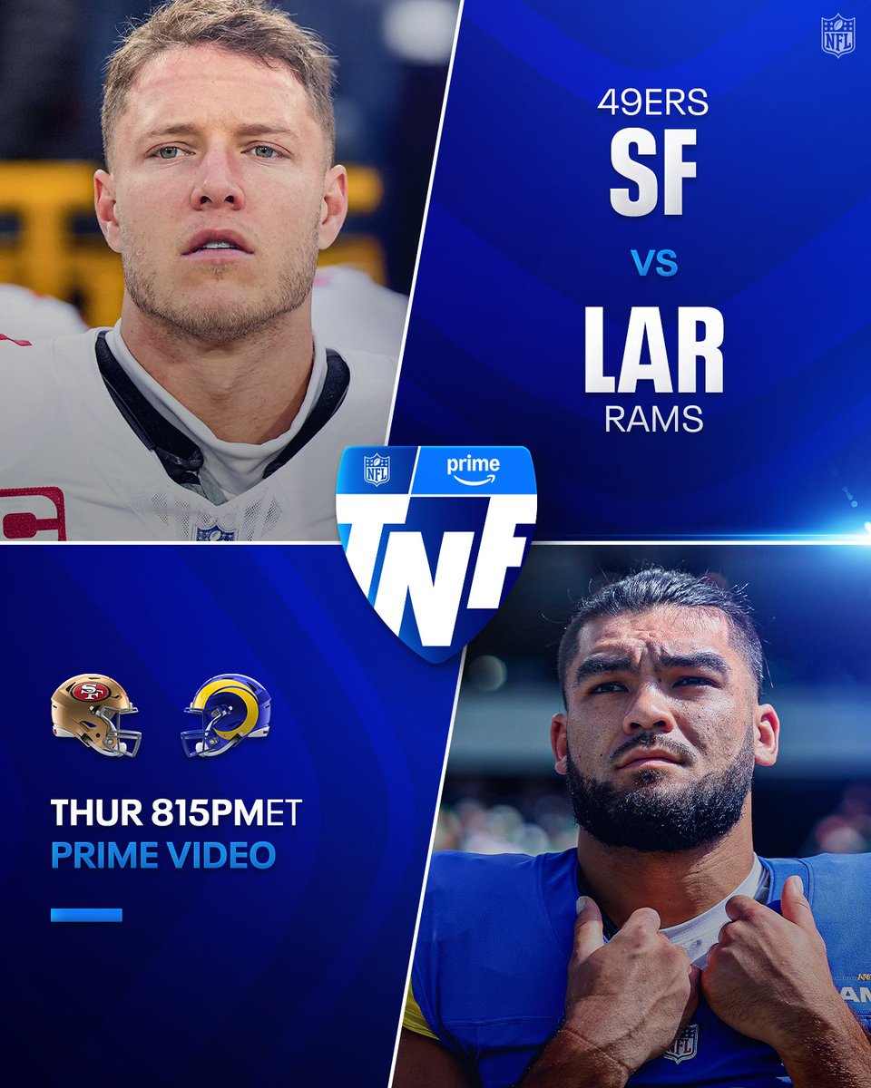 An NFC West battle on TNF 🌴

SFvsLAR– Thursday 8:15pm ET on Prime Video
Also streaming on <a href="/NFLPlus/">NFL+</a>