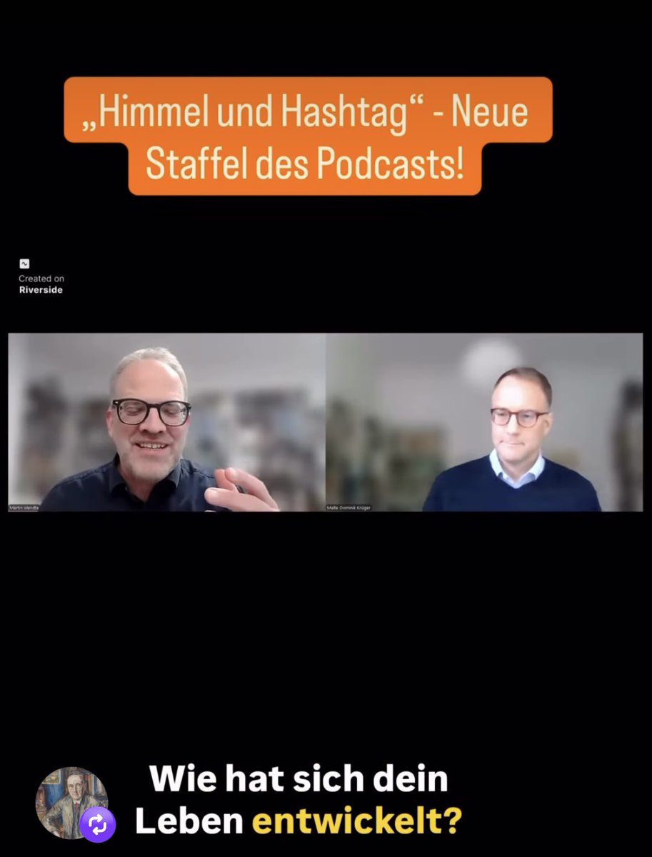 „Himmel und Hashtag“ mit Malte Dominik Krüger und Martin Wendte. 
Der erste Teil des Gesprächs mit Isolde Karle ist jetzt online bei Spotify und:
open.spotify.com/episode/
6ldNMjevtWKe2dH3ELRigE?
si=MMGLyR38TqyhbBCoppYnVA&amp;context=spotify%3As
how%3A0kkbfbMgTbKUZ34e3XqHM