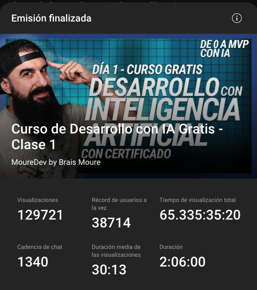 MoureDev's tweet photo. No tengo palabras... 38.714 personas simultáneas y un total de 129k en la primera clase del "Curso de Desarrollo con IA".

Millones de gracias 🙌

Si te ha gustado hoy, prepárate para mañana!

Apúntate, recibe los apuntes y accede al certificado final:
https://t.co/VuqFtVW52J https://t.co/0lfSSfjX5R