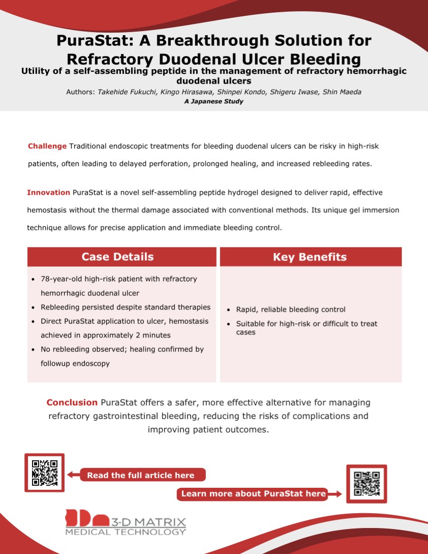 Refractory duodenal ulcer bleeding?

Standard therapies failed—but PuraStat stopped it in ~2 minutes.
-No rebleeding
-Healing confirmed by endoscopy
A safer, more effective option for high-risk patients.

Read the case study: threedmatrix.showpad.com/share/JDR5oyHh…

#GI #Hemostasis #PuraStat