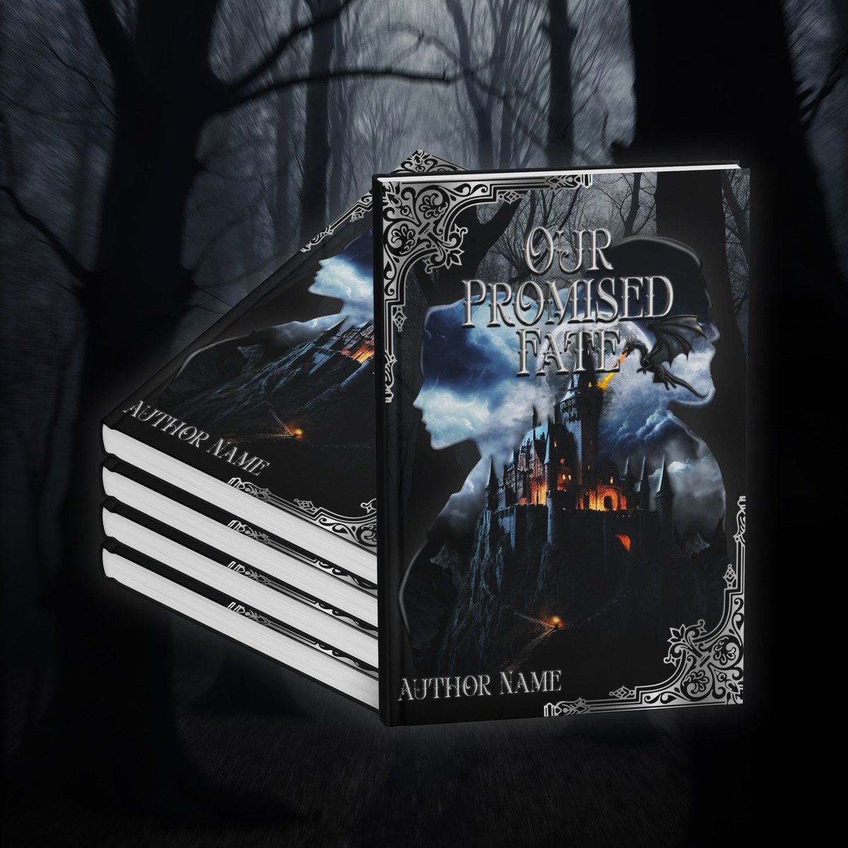 Celinecasper_'s tweet image. ✨Here’s a mockup of “Our Promised Fate” ✨
Before finalizing the cover, I envisioned the story’s dark and magical essence through dramatic silhouettes, a glowing castle, and a soaring dragon. 🐉

#BookCoverDesign #FantasyArt #CoverReveal