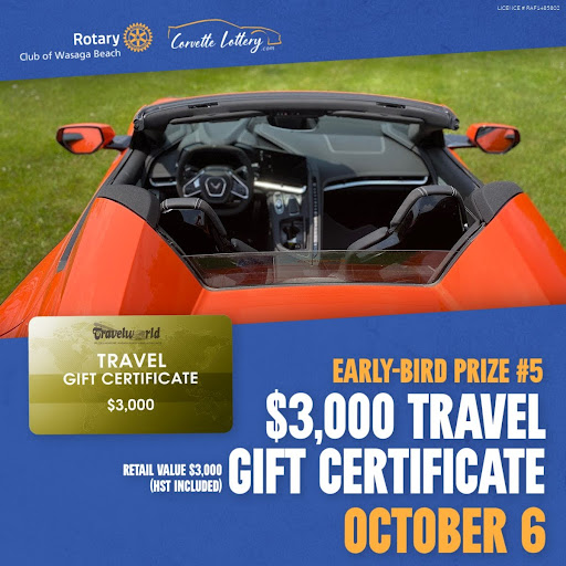 Early-Bird #5 is now live!

Win a $3,000 Travelworld gift certificate or take $3,000 cash, winner's pick!

Ticket deadline is October 6 at 6:00 PM!

Buy your tickets before the deadline at tickets.corvettelottery.com