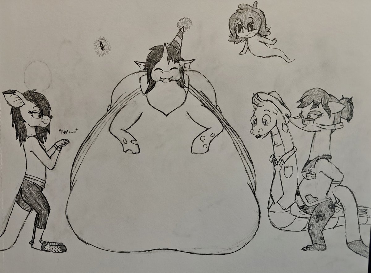 Someguy458's tweet image. CW: Weight Gain, Pregnancy, Furry

Bappy Hirthday... To myself!?

To celebrate, Toby ate twenty-five cakes!

They ate 25 cakes.

That's as many as five fives.

And that's delicious!