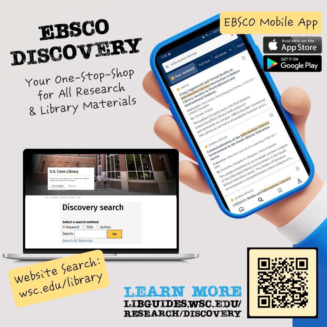 ConnLibrary's tweet image. Searching for essential library resources like books or journal articles? Dive into EBSCO Discovery on our library homepage—your ultimate hub for all things research and library-related. Don’t miss out! Download the EBSCO Mobile app for convenient access right at your fingertips.