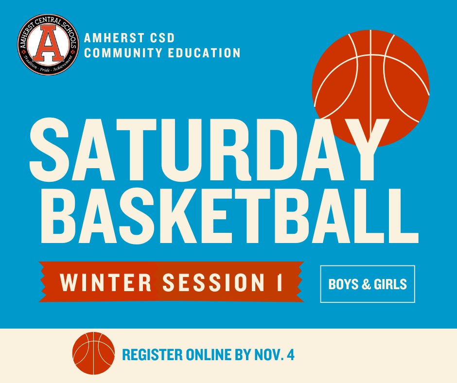 Registration is open for Community Ed. Winter Basketball for boys &amp; girls on Saturday mornings with Coach Wheeler. Session 1 starts Nov. 8; Session 2 starts Jan. 17. All registrations are online, amherstschools.org/community/comm…