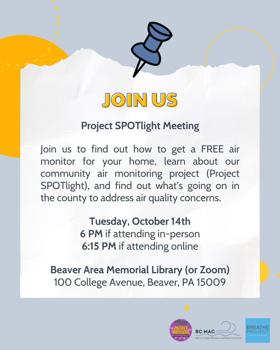Want to track the air you breathe? Join us to learn how to host a free air monitor and hear what’s being done to tackle air quality in Beaver County. RSVP here: buff.ly/Cg8qTQr