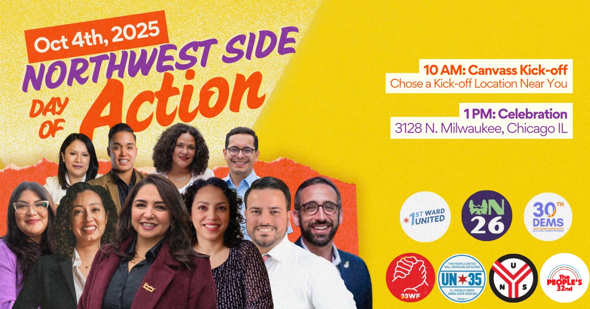 Join candidates on the Northwest side like Leader Will Guzzardi and Rep. Lilian Jiménez for a day of action! Hosted by Congresswoman Delia Ramirez

📅 Date: Saturday, October 4
🕤 Time: 10am kick-off

Learn more and sign up at: hubs.la/Q03LqcRm0