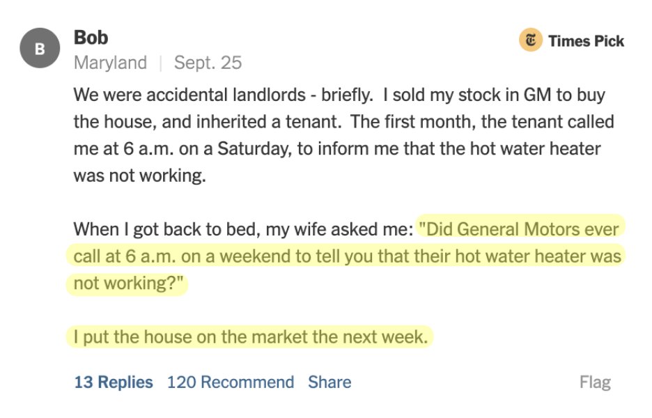 Parcl's tweet photo. The @NYtimes recently cited @ParclLabs on the "Rise of Accidental Landlords"

This comment sums it up: people don’t want to be landlords, they just want real estate gains 🏡📈

That's exactly what we provide on Parcl. https://t.co/cH1z4aTD2X