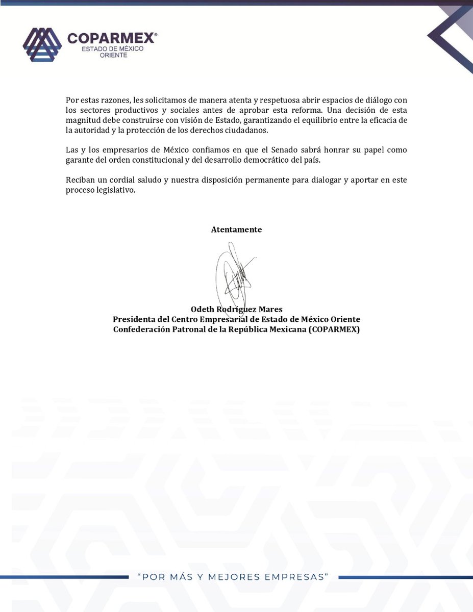 🔵 Senadora <a href="/MarielaGtzEsc/">Mariela Gutiérrez</a>

Desde Coparmex le exhortamos a revisar la reforma a la #LeyDeAmparo. No se debe quitar a la ciudadanía un mecanismo de defensa ante actos arbitrarios de las autoridades.