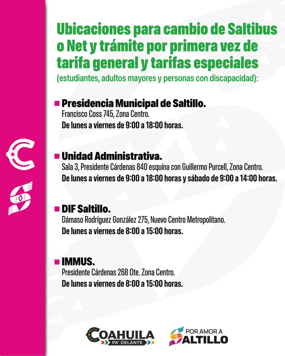 SaltilloGob's tweet photo. 🚍 ¡Mañana inicia #AquíVamosGratis!
📍 Conoce los requisitos y los puntos donde podrás seguir tramitando tu tarjeta. (1/2) https://t.co/I877Wj6fac