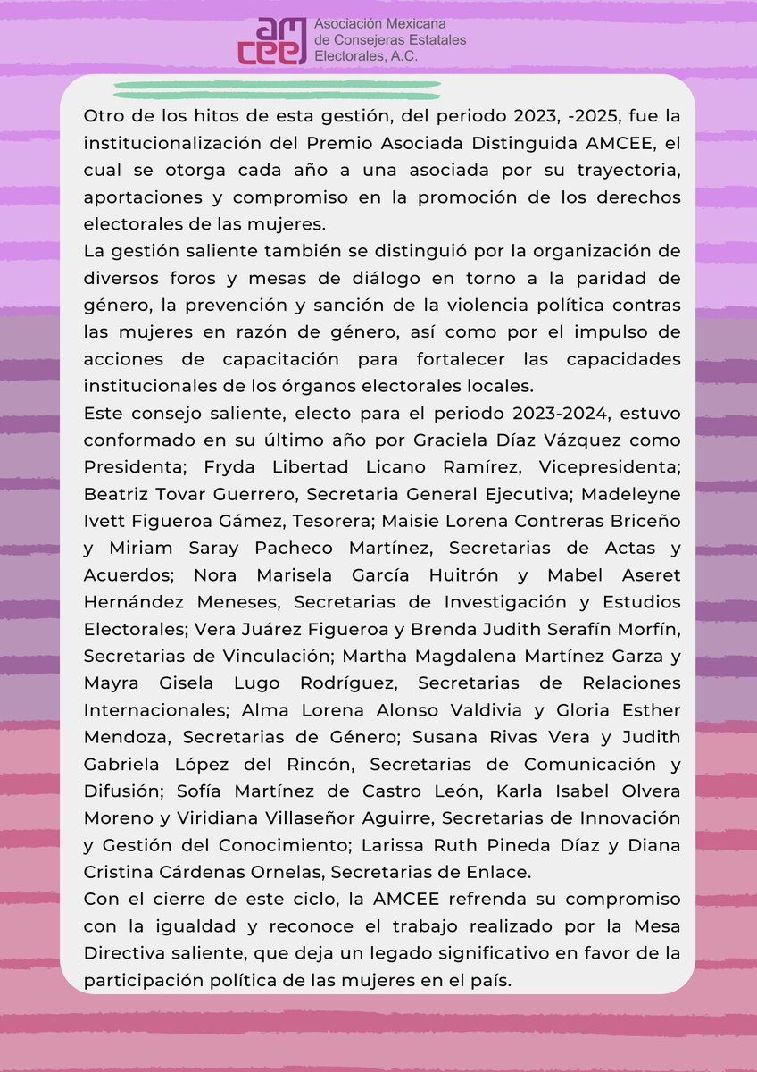 La #AMCEE reconoce el trabajo de su Mesa Directiva saliente, encabezada por <a href="/g_diazv/">Graciela Diaz</a> y <a href="/FrydaLicano/">Fryda Licano</a>. Su gestión deja un legado de avances en favor de los derechos político electorales de las mujeres. ✨