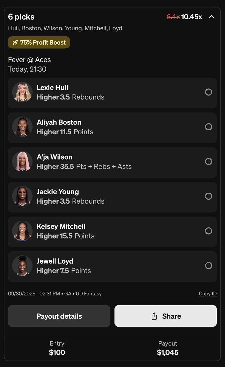 NoOddsGiven's tweet photo. π₯ WNBA cheat sheet π₯
Lexie Hull O3.5 REB (8/10)
Aliyah Boston O11.5 PTS (8/10)
Aβja Wilson O35.5 PRA (10/10 π)
Jackie Young O3.5 REB (8/10)
Kelsey Mitchell O15.5 PTS (10/10)
Jewell Loyd O7.5 PTS (8/10)
Underdog profit 75% boost π
#WNBA #PrizePicks #NoOddsGiven https://t.co/BKL9W5mTrk