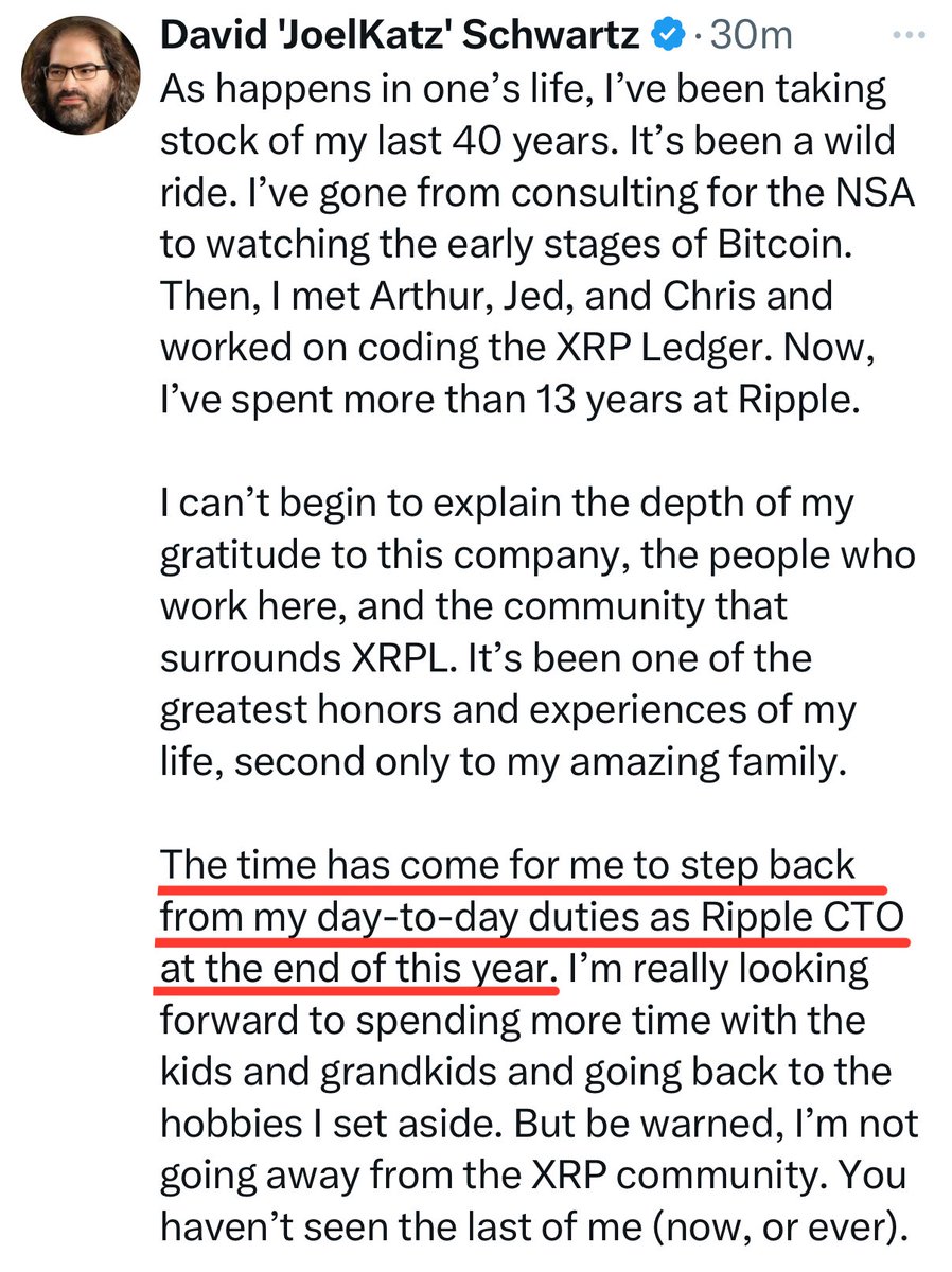 🚨 速報： リップルCTOのデビッド・シュワルツが、「今年末をもってリップルCTOとしての日常業務から退く」と発表しました。  彼の仕事はもう終わったと思います 😏 #XRP TO THE MOON AND BEYOND!
