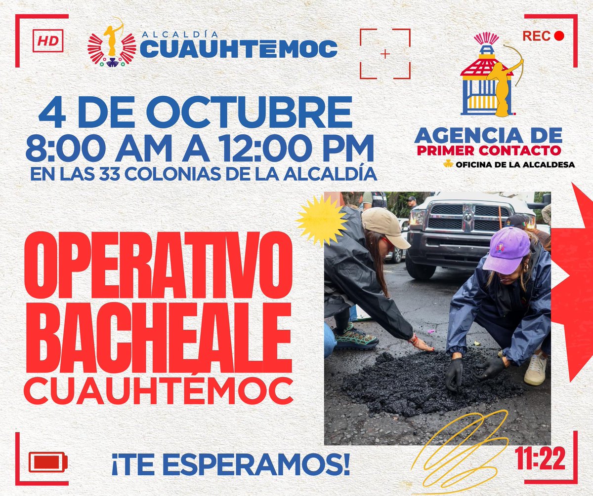 🚧 ¡#BachéaleCuauhtémoc!
Este 4 de octubre de 8 AM a 12 PM estaremos bacheando en las 33 colonias de la alcaldía.

Trabajamos para tener calles más seguras 🛣️💪
📍 Súmate y cuida tu colonia.

#OperativoBachéale #CuauhtémocCDMX #CallesSeguras