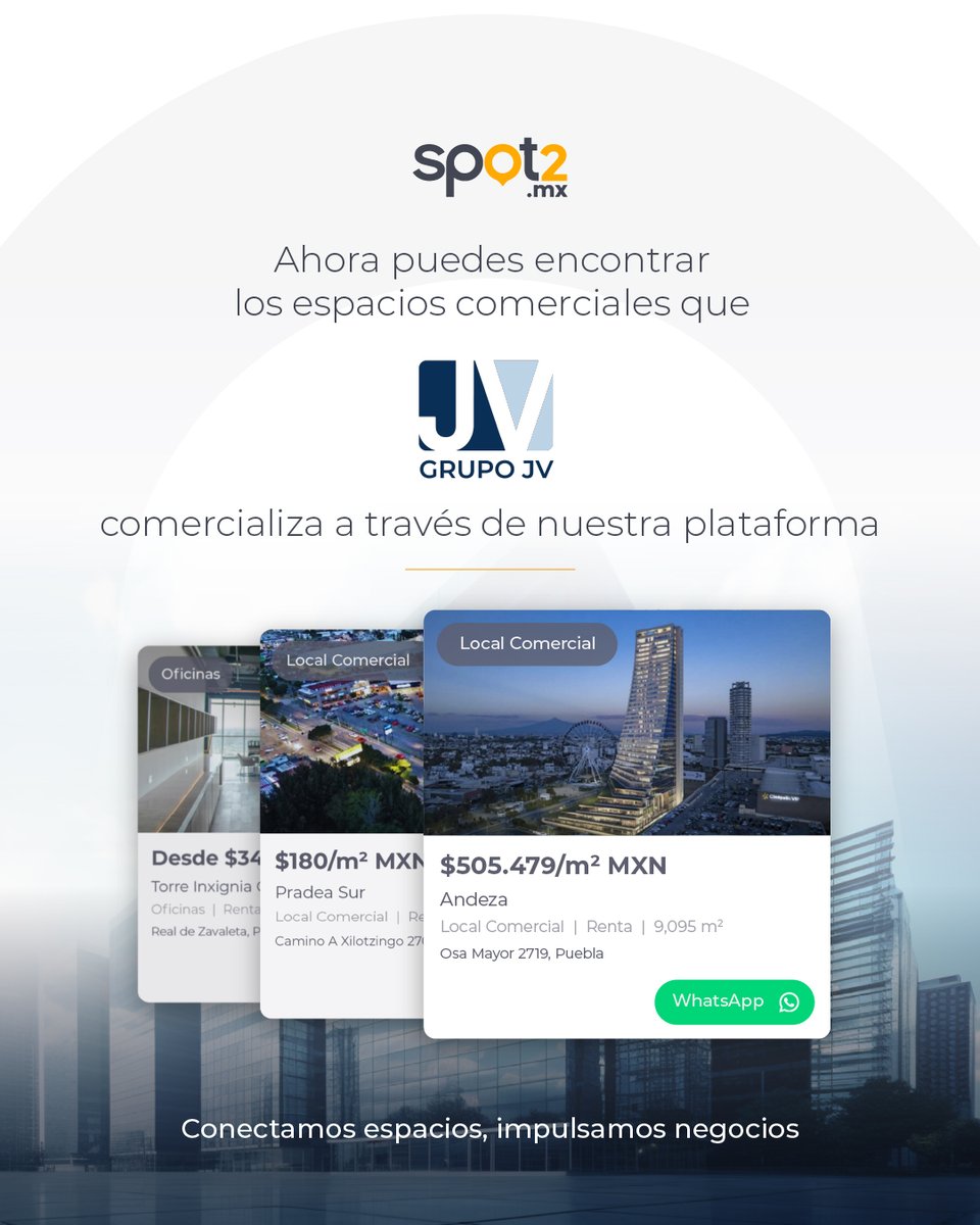 Spot2_mx's tweet photo. ¿Quieres expandir tu #negocio en un nuevo local #comercial? ¡Encuentra el lugar ideal en https://t.co/m2pj1LYEDd!
Grupo JV ofrece #locales en nuestra #plataforma, con diseños vanguardistas enfocados en satisfacer las necesidades de sus #clientes.
👉 https://t.co/5TCaB9Qe5x https://t.co/Yo1F3yCg5i