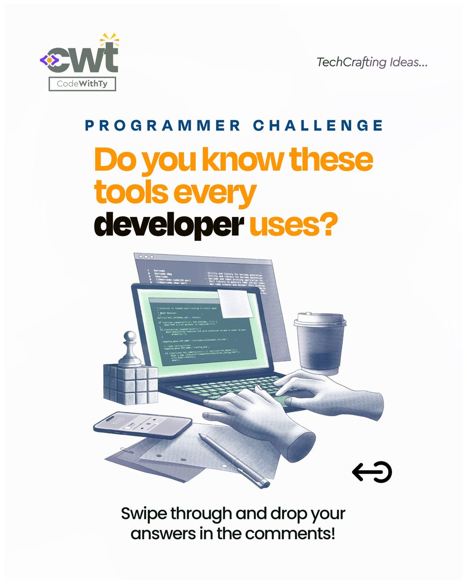 codewithty_'s tweet image. Programmer's Challenge 🔥🔥
Guess these 3 tools every programmer uses daily. Reply with your answers and get a chance to win a discount on one of our courses 👇