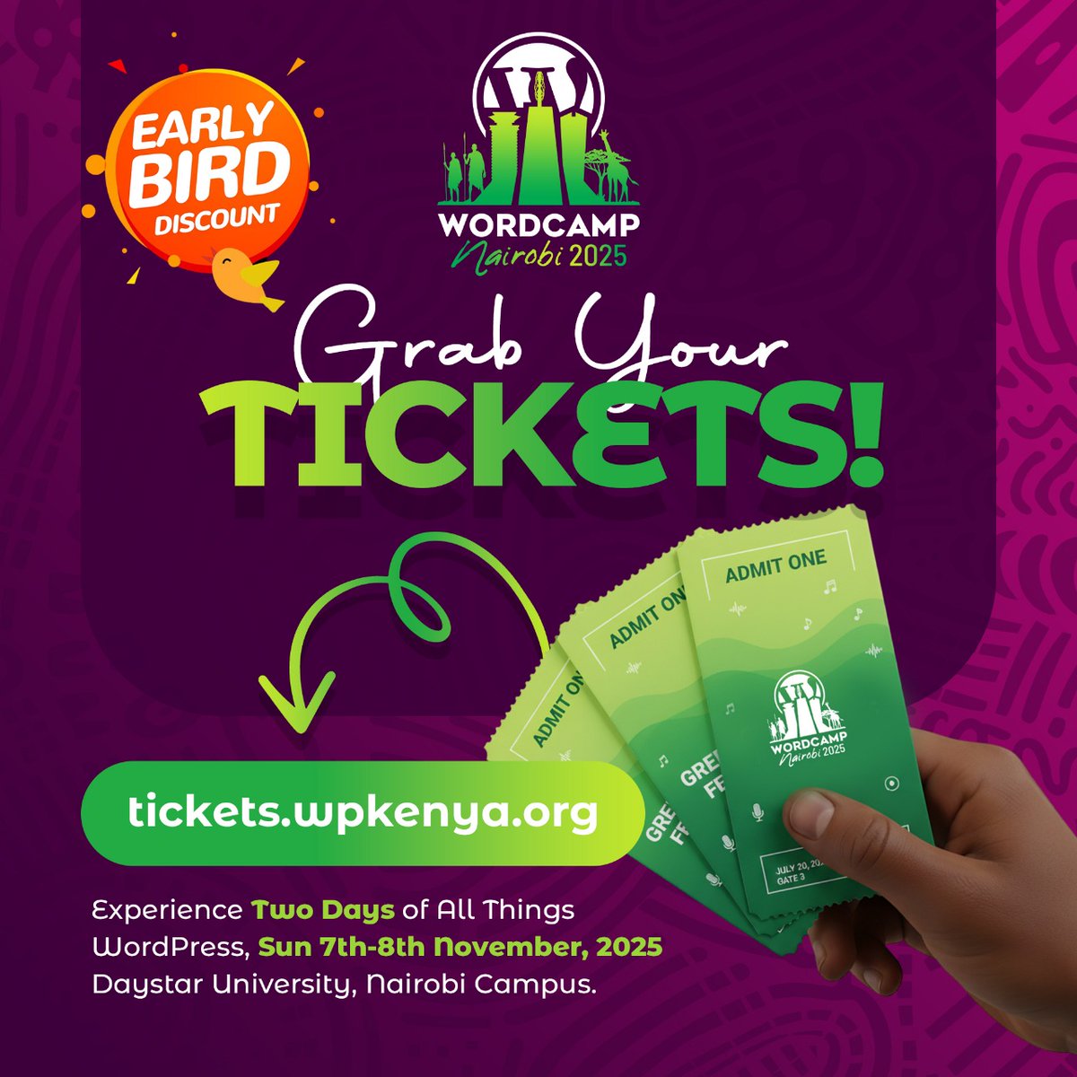 WordCamp Nairobi Is here🥳🥳

What to expect:
💣 Connections.
💣 Free workshops.
💣 Free t-shirts.

Grab your ticket 🎟

#WCNBO25