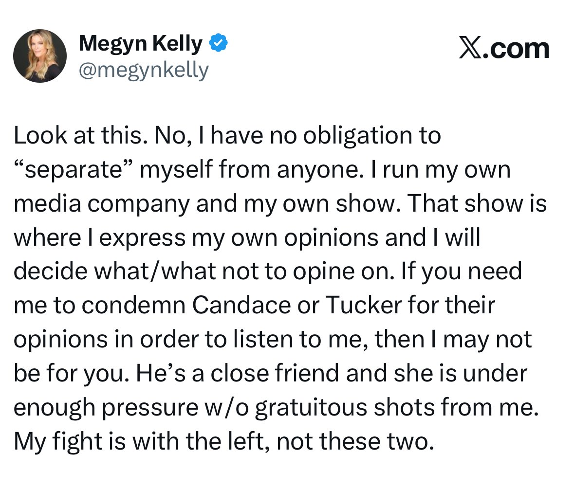Kudos to Megyn Kelly for not giving into the mob.

We can have a difference in opinion without attacking or disowning our friends.

Good on you, <a href="/megynkelly/">Megyn Kelly</a>!