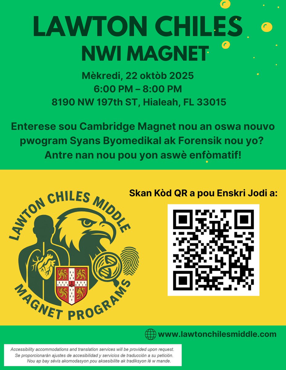 Lawton Chiles Magnet Night
Wed, Oct 22, 2025 |6–8 PM
Explore our 3 Magnet Programs: Cambridge International, Biomedical, Forensic Science. Register today! 
Noche Magnet Lawton Chiles. Mié, 22 oct 2025 |6–8 PM. Descubra 3 programas de magnet. Regístrese hoy!
#mdcpsyourbestchoice