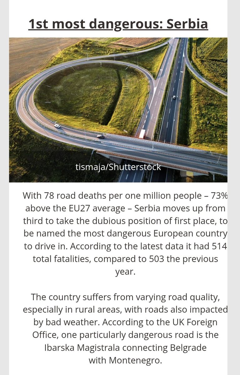 Србија је најнебезбеднија европска држава у погледу друмског саобраћаја, наводе неки извори. Претекли смо и Румунију и Бугарску по броју погинулих на милион становника.