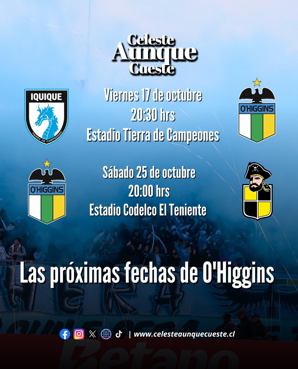 cac_ohiggins's tweet photo. #Fixture 🗓️ | Definidas las fechas 24 y 25 del #LigaDePrimeraItau. Los celestes viajarán este 17 de octubre al norte para enfrentar a D. Iquique y recibirán a Coquimbo Unido el 25 de octubre.
#CelesteAunqueCueste ✍🏼 https://t.co/3YCCoaGkMx