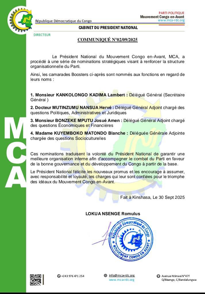CITOYEN CHRIS BAKADIFUILA (@bakadifuilachri) on Twitter photo Urgent_RDC 🚨🚨
Le Mouvement _Congo en Avant_ poursuit son engagement pour un leadership structuré, visionnaire et résolument tourné vers le progrès sius le leadership éclairé de son PrésidentnationalKasKASONGOKALALO 3K <a href="/KasongoKas/">✍️(3K) KASONGO KAS</a> .
Est nommé secrétaire Général du Mouvement Urgent_RDC 🚨🚨
Le Mouvement _Congo en Avant_ poursuit son engagement pour un leadership structuré, visionnaire et résolument tourné vers le progrès sius le leadership éclairé de son PrésidentnationalKasKASONGOKALALO 3K <a href="/KasongoKas/">✍️(3K) KASONGO KAS</a> .
Est nommé secrétaire Général du Mouvement