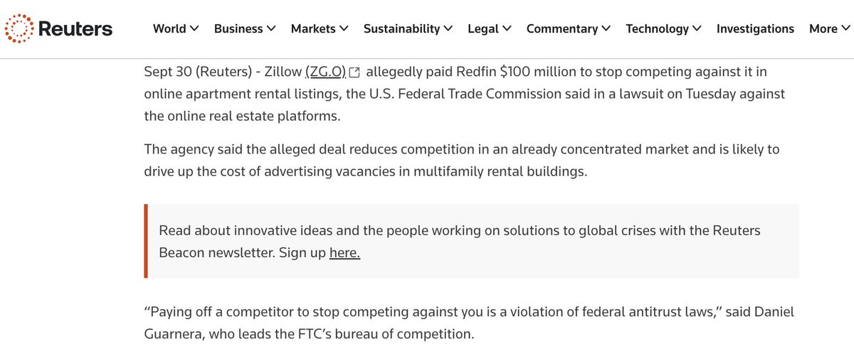 FTC: We’re going after Zillow

In a lawsuit filed today, the U.S. Federal Trade Commission claims Zillow paid Redfin $100 million to stop competing in online apartment rental listings