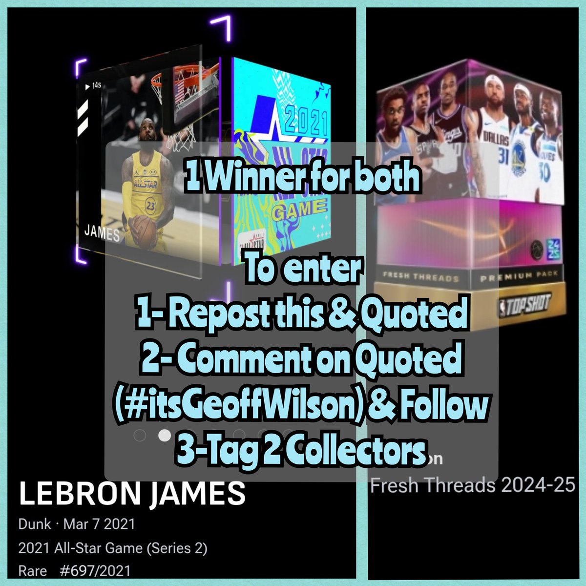 PaulieWizWit's tweet image. 🚨Giveaway🚨

 🏀 @KingJames Rare @NBATopShot All-Star Collectible
&amp;amp; 24-25 Fresh Threads Pack
1 Lucky Winner! ☘️

To enter:
↩️Repost Post &amp;amp; Quoted below
🔈Comment #itsGeoffWilson on the Quoted Post
2️⃣Tag 2 Collectors