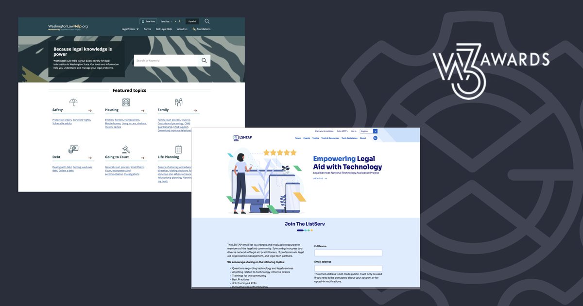 Excited to share two of our website redesigns won <a href="/W3Awards/">w3 Awards</a> in Legal Services! 🎉 Huge thanks to <a href="/LSNTAP/">LSNTAP</a> &amp; Northwest Justice Project for trusting us to build your sites. Explore their work in legal aid: lsntap.org | washingtonlawhelp.org