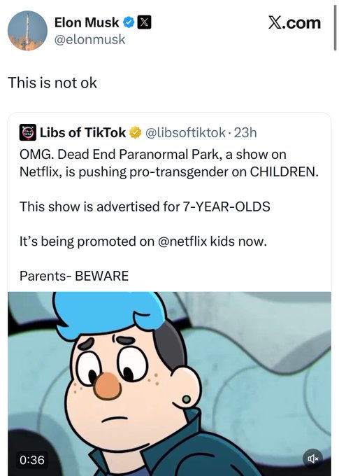 A cartoon character with blue hair, wearing a jacket and earrings, standing against a gray background. A photo of Hamish Steele, a person with glasses and a beard, smiling in an orange shirt. Text overlays include "Libs of TikTok" and timestamps.
