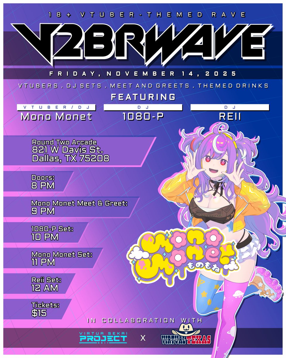 mono_monet's tweet image. ✨&amp;lt;&amp;lt;EVENT ANNOUNCE&amp;gt;&amp;gt;✨
yeehaw~
Dallas, Texas tabemonos listen up!!

i&apos;ll be having a live DJ performance and meet n greet at Round Two arcade on Nov. 14th!! it&apos;s your chance to come see my set live wahyoooo~ 💕

there&apos;ll be themed drinks and more DJs, so don&apos;t miss it!! #V2BRWAVE