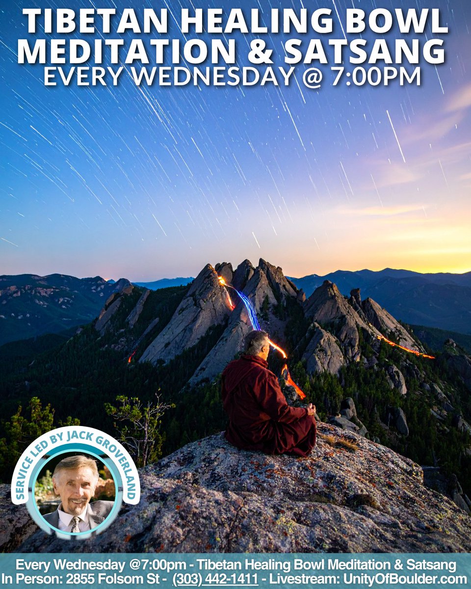 UnityBoulder's tweet image. Help us spread the message of peace and healing! Share this post with anyone seeking a deeper connection, relaxation, or spiritual community.
Every Wednesday at 7 PM, we gather for Tibetan Healing Bowl Meditation and Satsang at Unity of Boulder.
#sharethispost
