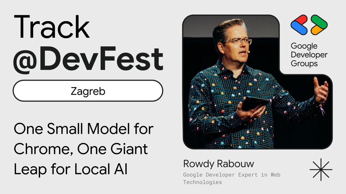 🎤 We welcome: Rowdy Rabouw - Google Developer Expert in Web Technologies

With talk "One Small Model for Chrome, One Giant Leap for Local AI" 🌐

📅 Oct 24 | 📍 Zagreb | 🎟️ devfesthr.com

#DevFestHR #DevFest2025 #AI #GeminiNano #WebDev
