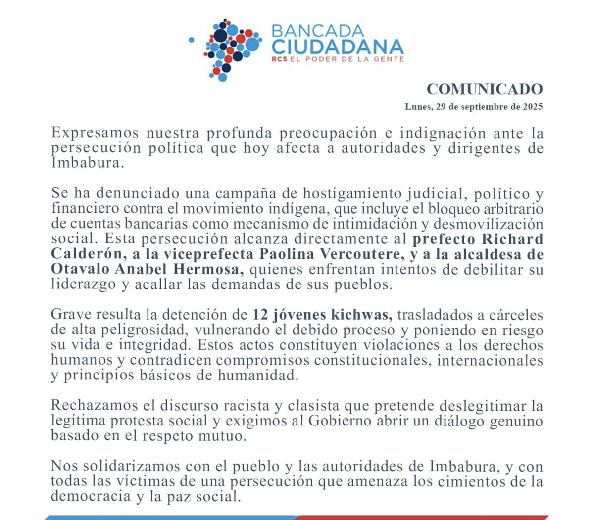 Denunciamos la persecución política en Imbabura: bloqueo de cuentas, detención de 12 jóvenes kichwas y hostigamiento al prefecto <a href="/RichardImbabur1/">Richard Calderón</a>, la viceprefecta <a href="/Paovercoutere/">Paolina Vercoutere Quinche</a> y la alcaldesa <a href="/bellhermosa/">Anabel Hermosa</a>.

La democracia está en riesgo.