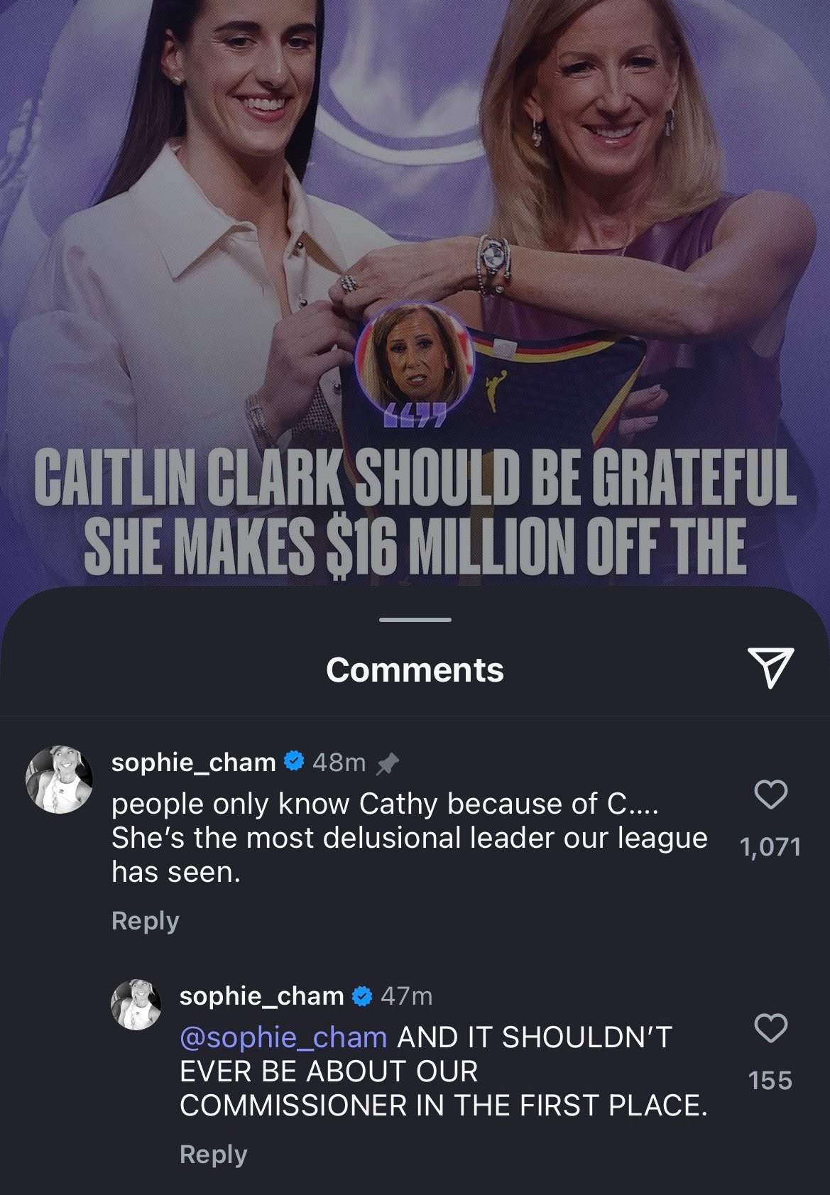 Two women, Caitlin Clark and Sophie Molineux, standing close together and smiling. Both are wearing formal attire, with Caitlin Clark in a white blazer and Sophie Molineux in a dark blazer. A rainbow flag is visible on Sophie Molineux\'s blazer. Text overlay reads "CAITLIN CLARK SHOULD BE GRATEFUL SHE MAKES $16 MILLION OFF THE" in bold white letters on a black background.