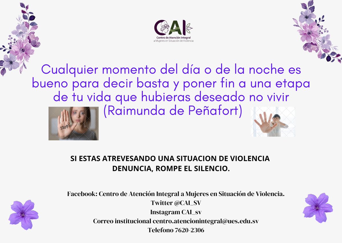 CAI_sv's tweet photo. Puedes ponerle fin a esta etapa de violencia #DENUNCIA #RompeElSilencio #NoEstasSola #UES #CAI #FacultadDeJurisprudenciayCienciasSociales https://t.co/dw62kCXRqQ