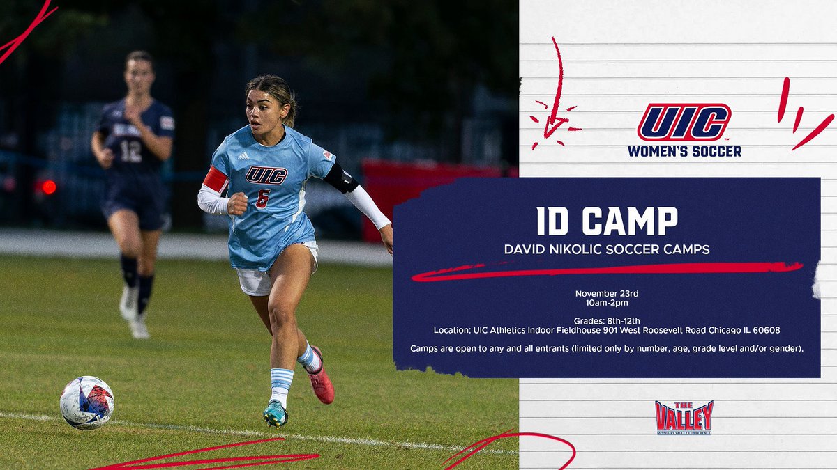 Join  for the UIC Women’s Soccer ID Camp! 

📅 Saturday, November 23rd
⏰ 10:00 AM – 2:00 PM
📍 UIC Athletics Indoor Fieldhouse
 901 W Roosevelt Rd, Chicago, IL 60608

Don’t miss your chance and sign up today! Link in the bio!

#chicagoscollegeteam