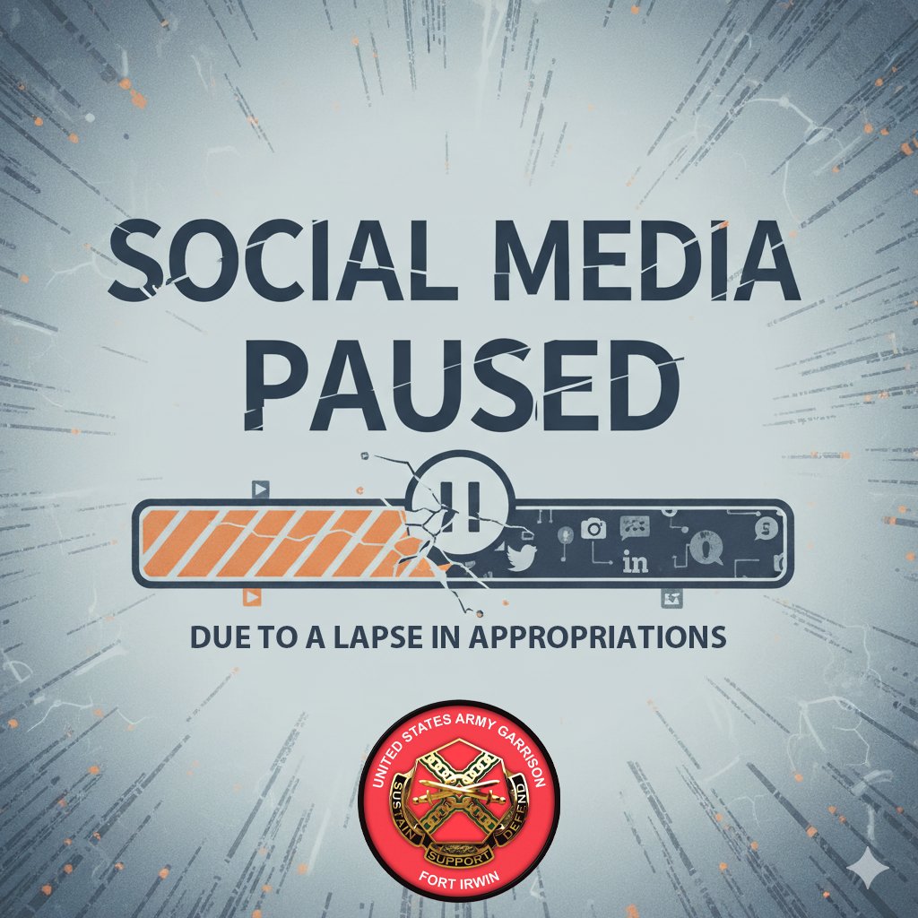 ftirwin_update's tweet photo. SOCIAL MEDIA PAUSE
Due to a lapse in appropriations

We will not be available to respond to messages or comments on this platform and others managed by Fort Irwin. Call 911 for emergencies. TRICARE coverage info: https://t.co/rl2z7ITnsh https://t.co/UPtE6A2pjR