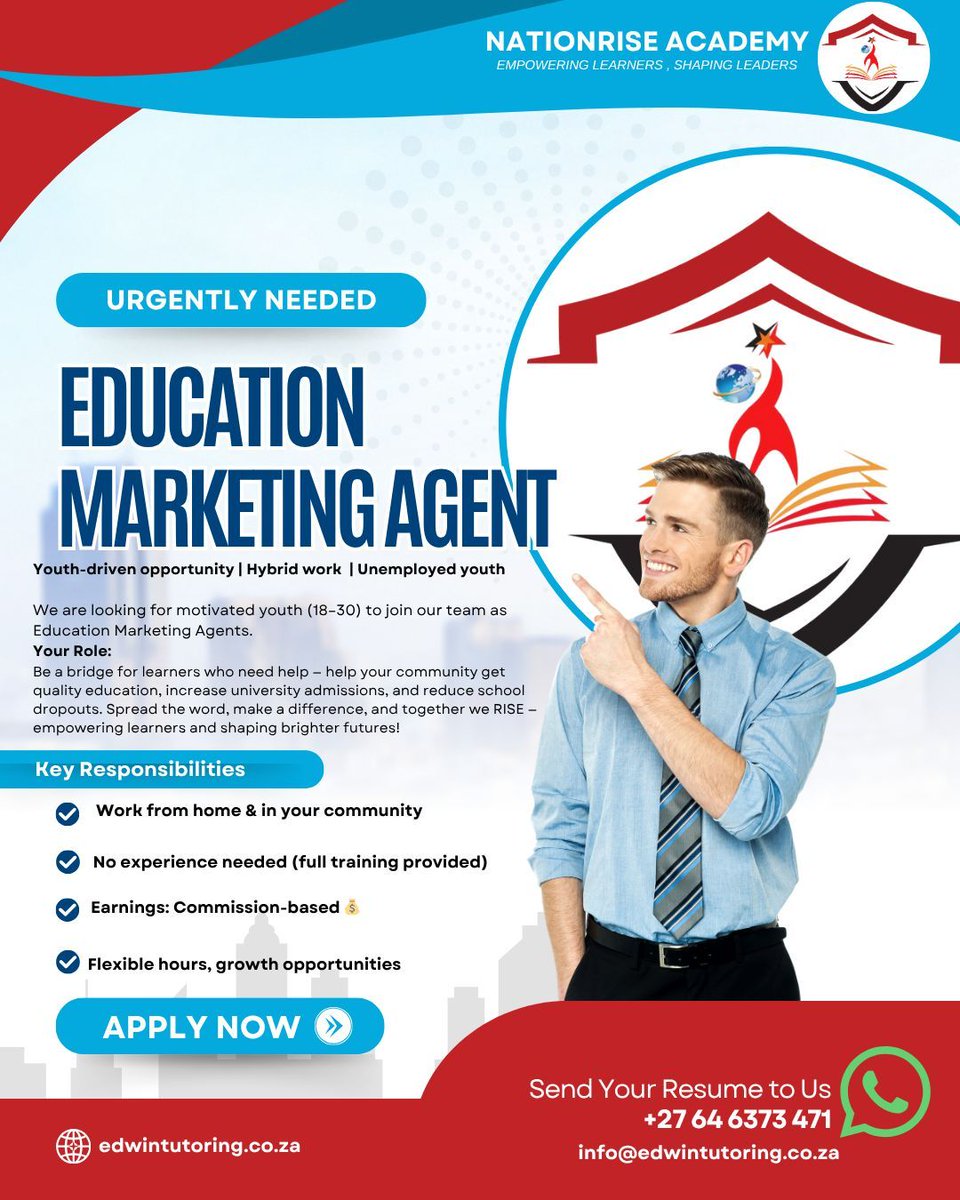 NationRiseZA's tweet image. 🌟 Join Our Youth Team &amp;amp; Make a Real Impact! 🌟
Are you 18–30? Help learners across any province get quality education, reduce school dropouts, and inspire the next generation of leaders.
💻 Hybrid work | No experience needed 
CLOSING  5 OCTOBER 2025