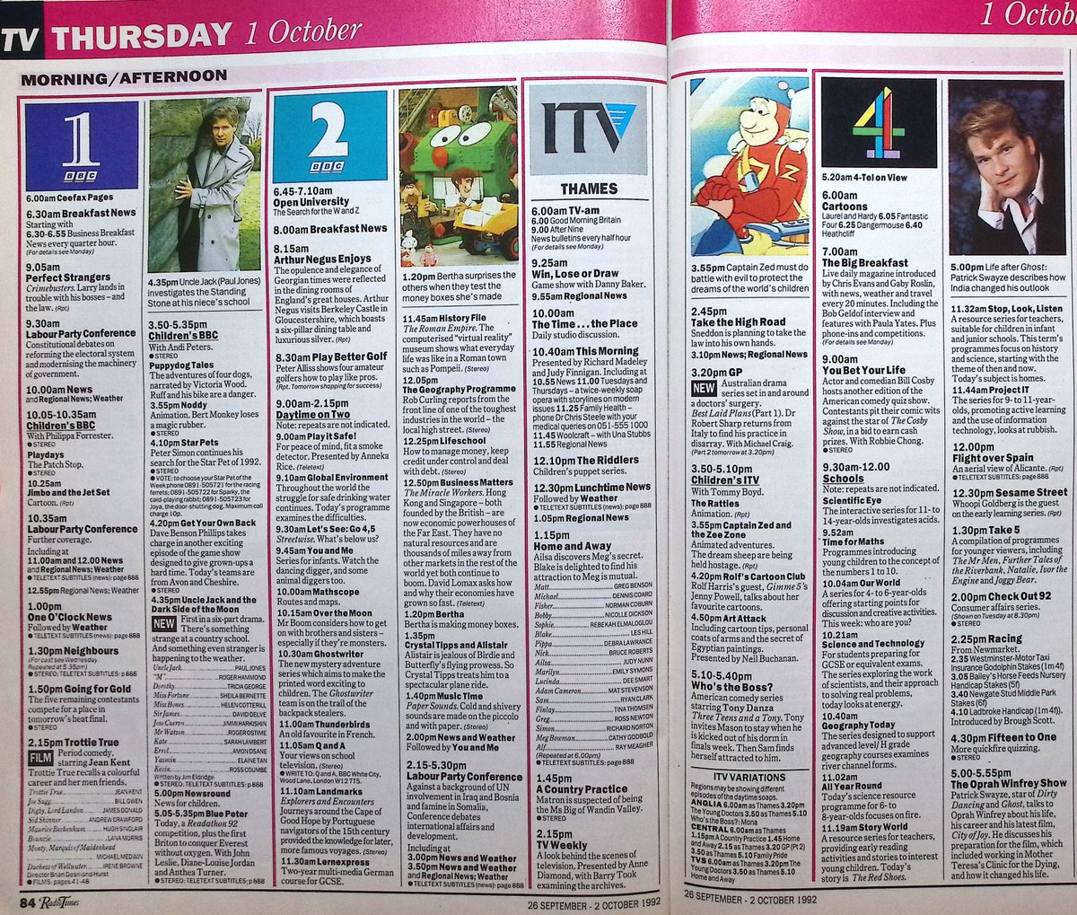 TvDidYouSee's tweet photo. #OnThisDay 1 October 1992 πΊTV Listings
#StephanieCole stars in WAITING FOR GOD.
There's a commotion in Albert Square in #EastEnders.
#RikMayall's BOTTOM is back for a second series.
#TonySlattery hosts Ps and Qs for the last time.
#BrianCapron guest stars in #TheBill. https://t.co/Ui5EDw728X