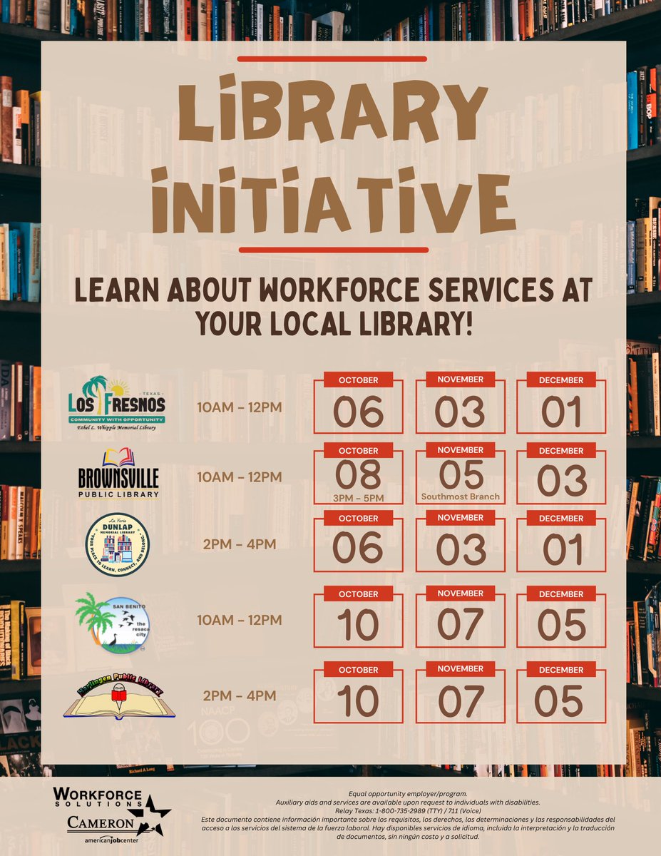 WFSCameron's tweet image. ✨ We’re bringing our services straight to the heart of your community! ✨
Our #LibraryInitiative is making its way to 5 local libraries:
Brownsville Public Library • Ethel L Whipple Memorial Library • San Benito Library • Harlingen Public Library • Bailey H. Dunlap Memorial