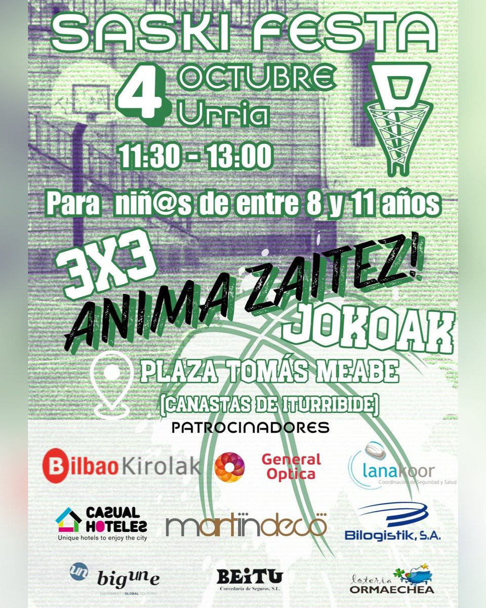 Urtero bezala, SD Patronatok auzoko txikienei hurbiltzen die saskibaloia, 3x3 partidekin eta aurreminietako eta minietako neska-mutilentzako jokoekin. Tomás Meabe plazan, urriaren 4an, 11:00etatik aurrera. Zuen zain egongo gara!!