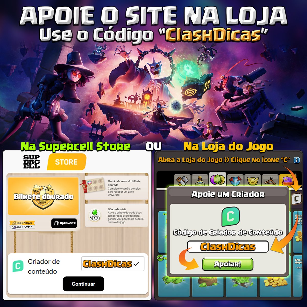 🛒 Ative o Código ClashDicas ao Adquirir Skins e o Bilhete Dourado ⚔️🛍️

Esse apoio me ajuda a continuar trazendo conteúdo do Clash pra comunidade, fazer sorteios e manter o site/grupo!

🎟️ SC STORE:
store.supercell.com/pt/clashofclan…

🔰DIRETO NA LOJA DO JOGO:
link.clashofclans.com/pt/?action=Sup…
