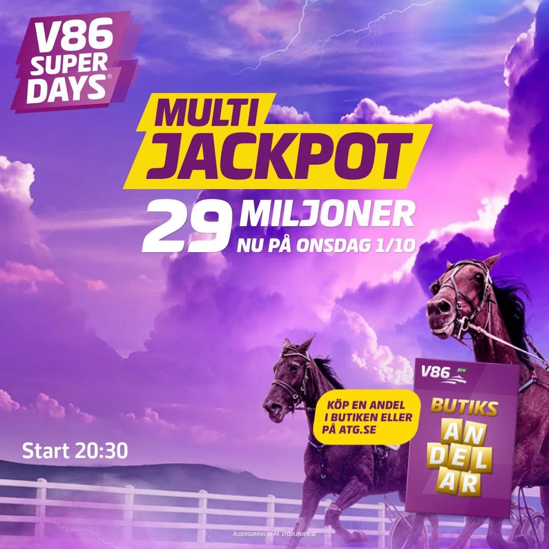 ✅134.000kr inspelat på V75 i lördags , och riktigt nära
miljonerna !

atg.se/spelhornansura…

Så nu hugger vi in och smäller in 8 rätt ! 

🟣Onsdag och V86-xpress superdays med en fet jackpot på minst 29 miljoner kr i potten där Jägersro delar  kvällens omgång med