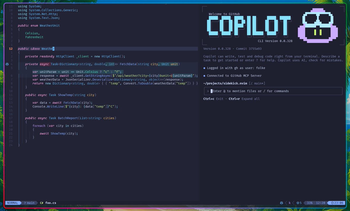 Neovim's tweet image. Sidekick, a new plugin by @Folke 
- Next Edit Suggestions (NES/NEP)
- Integrated AI CLIs

&quot;I&apos;ve extensively tested how Vscode visualizes the diffs and I dare to say that sidekick&apos;s are way better :)&quot;

github.com/folke/sidekick…